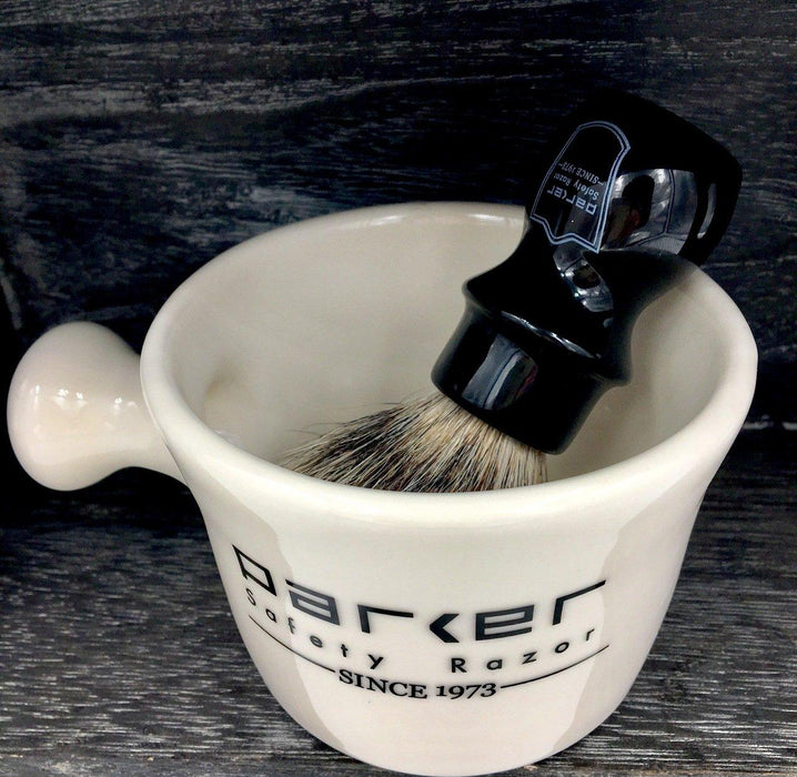 Parker - Black Mug Pure Badger Brush with Stand - New England Shaving Company