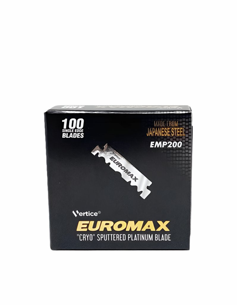 Euromax single edge razor blades made from cryo-treated Japanese steel, 100-pack for barbers and shavette users