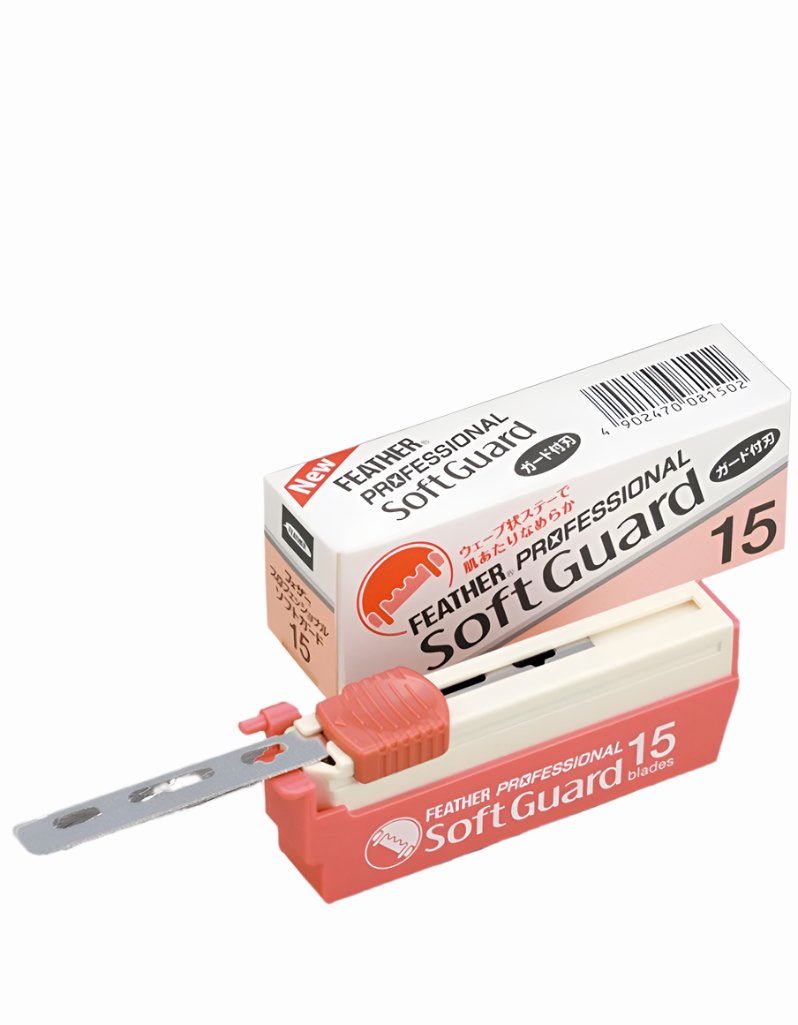 Feather SoftGuard Blades with wavy safety guard for sensitive skin. 15-count mild shaving blades. Made in Japan.