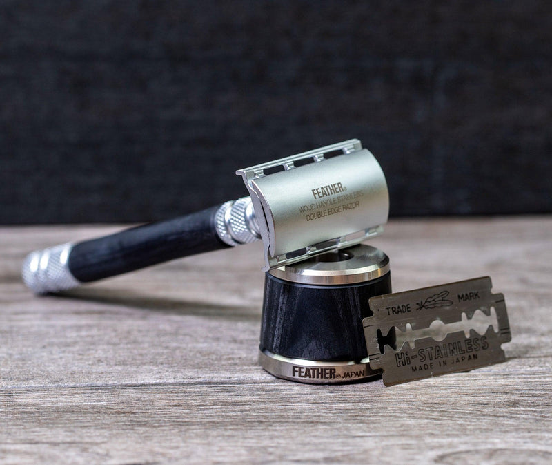 Feather - Wood Handle All Stainless Double Edge Razor AS-D2 with Wood Stand - New England Shaving Company