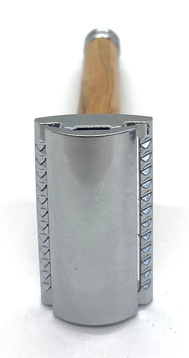 Safety Razor - Closed Comb - Chrome Plated with Natural Olive Wood Handle - New England Shaving Company