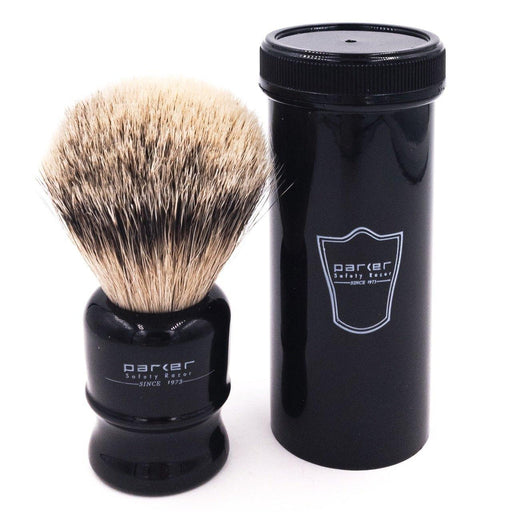 Parker - Black Handle Silver Tip Badger Travel Brush - New England Shaving Company