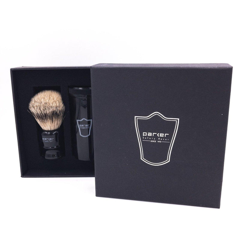 Parker - Black Handle Silver Tip Badger Travel Brush - New England Shaving Company