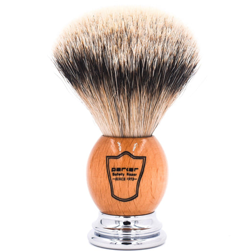 Parker - Olivewood Handle Silver Tip Badger Brush with Stand - New England Shaving Company