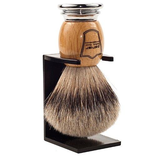 Parker - Olivewood Handle Silver Tip Badger Brush with Stand - New England Shaving Company
