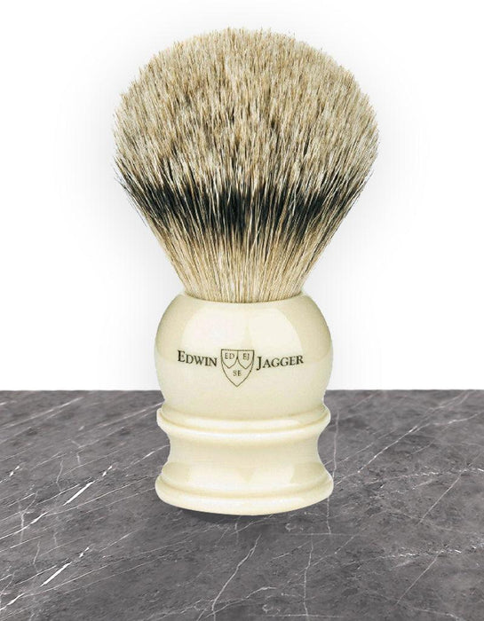 Edwin Jagger - 1EJ467 English Shaving Brush, Imitation Ivory with Silver Tip Badger, Medium - New England Shaving Company