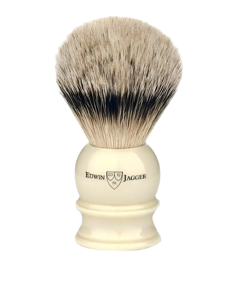 Edwin Jagger - 5EJ467 English Shaving Brush, Imitation Ivory with Silver Tip Badger, Extra Large - New England Shaving Company