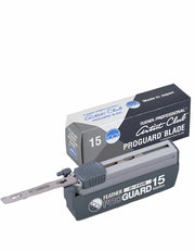 Feather ProGuard Blades with built-in safety guard, 15-count pack for full face shaving and outlining. Made in Japan.