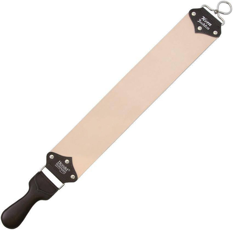Herold leather razor strop with oil and natural leather sides, padded handle, and nickel swivel made in Germany