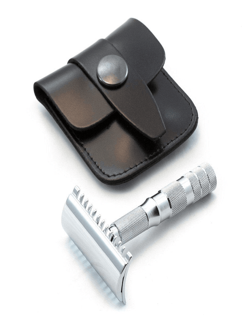 Merkur Travel Double Edge Open Comb Safety Razor & Black Leather Case - New England Shaving Company