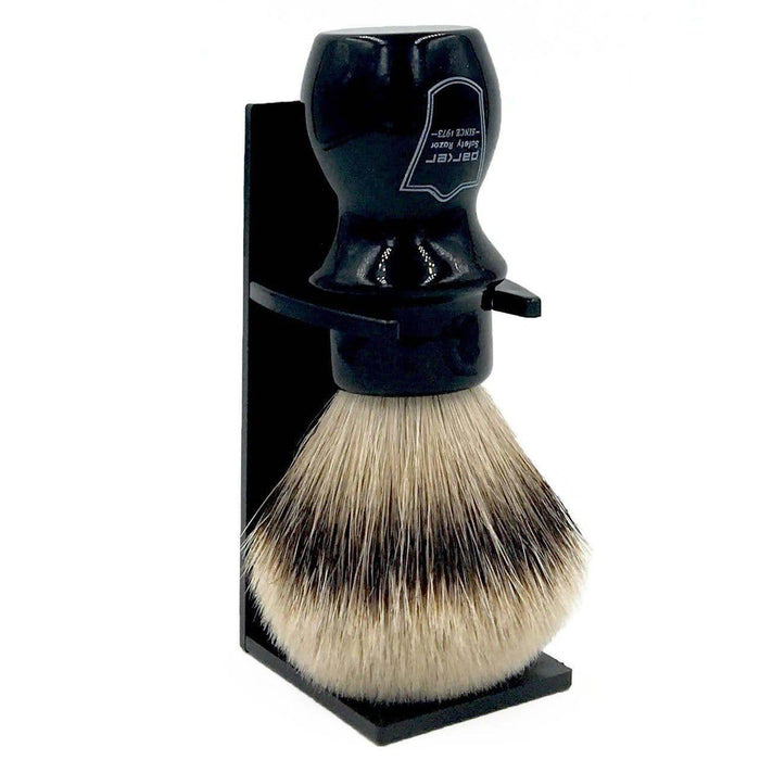 Parker - Black Mug Silver Tip Badger Brush with Stand - New England Shaving Company
