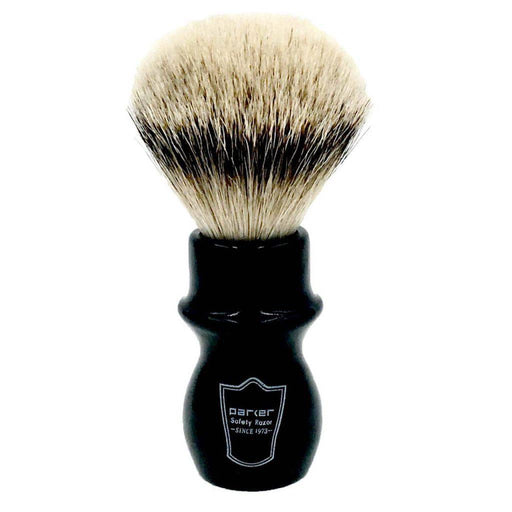 Parker - Black Mug Silver Tip Badger Brush with Stand - New England Shaving Company