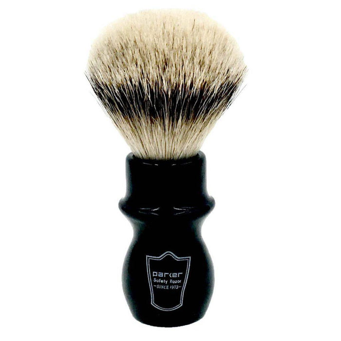 Parker - Black Mug Silver Tip Badger Brush with Stand - New England Shaving Company