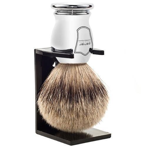 Parker - Chrome Handle Silver Tip Badger Brush with Stand - New England Shaving Company