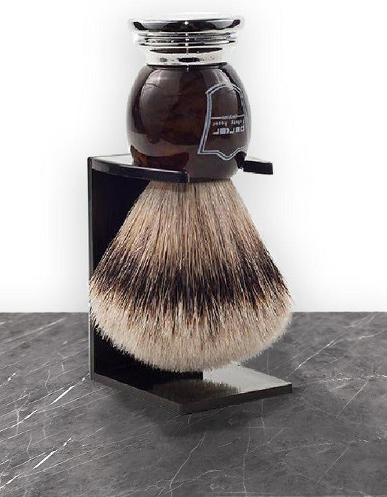 Parker - Faux Horn Handle Silver Tip Badger Brush with Stand - New England Shaving Company