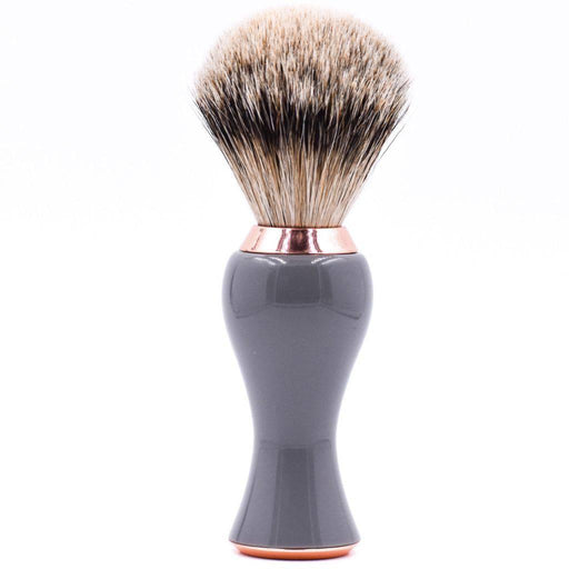 Parker - Gray and Rose Gold Handle Silver Tip Badger Brush with Stand - New England Shaving Company